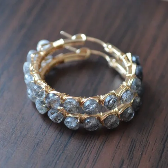 Black Rutilated Quartz Wire Wrapped Gold Hoops - Picture 9 of 11